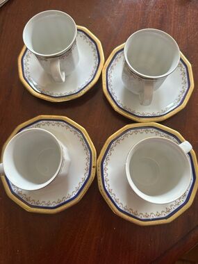 Classic White Porcelain Espresso Cups and Saucers with Gold and Blue Trim